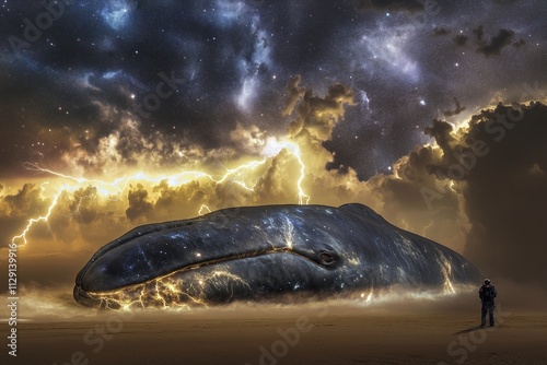 Whale in nebula lightning storm