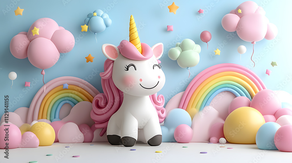 A cartoon-style scene showing a playful unicorn with a mischievous grin, surrounded by floating balloons, rainbows, and candy clouds, bringing a sense of fun and whimsy to the design.