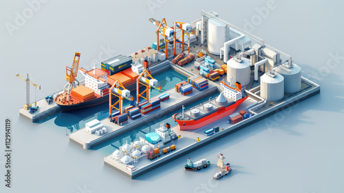 detailed isometric illustration of busy shipping port featuring cargo ships, cranes, and storage tanks. vibrant colors and intricate design capture bustling activity of maritime logistics