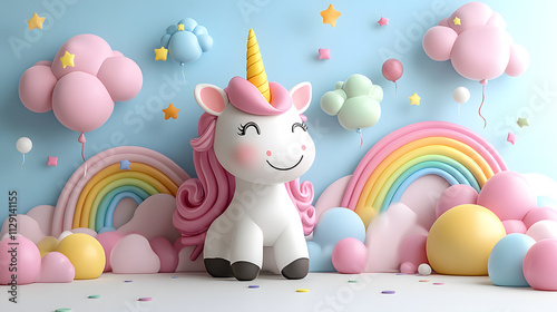 A cartoon-style scene showing a playful unicorn with a mischievous grin, surrounded by floating balloons, rainbows, and candy clouds, bringing a sense of fun and whimsy to the design.