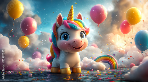 A cartoon-style scene showing a playful unicorn with a mischievous grin, surrounded by floating balloons, rainbows, and candy clouds, bringing a sense of fun and whimsy to the design.