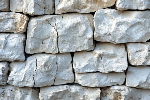 Textured white stone wall showcasing unique patterns and natural cracks in the stones at midday light in a serene outdoor setting. Generative AI photo