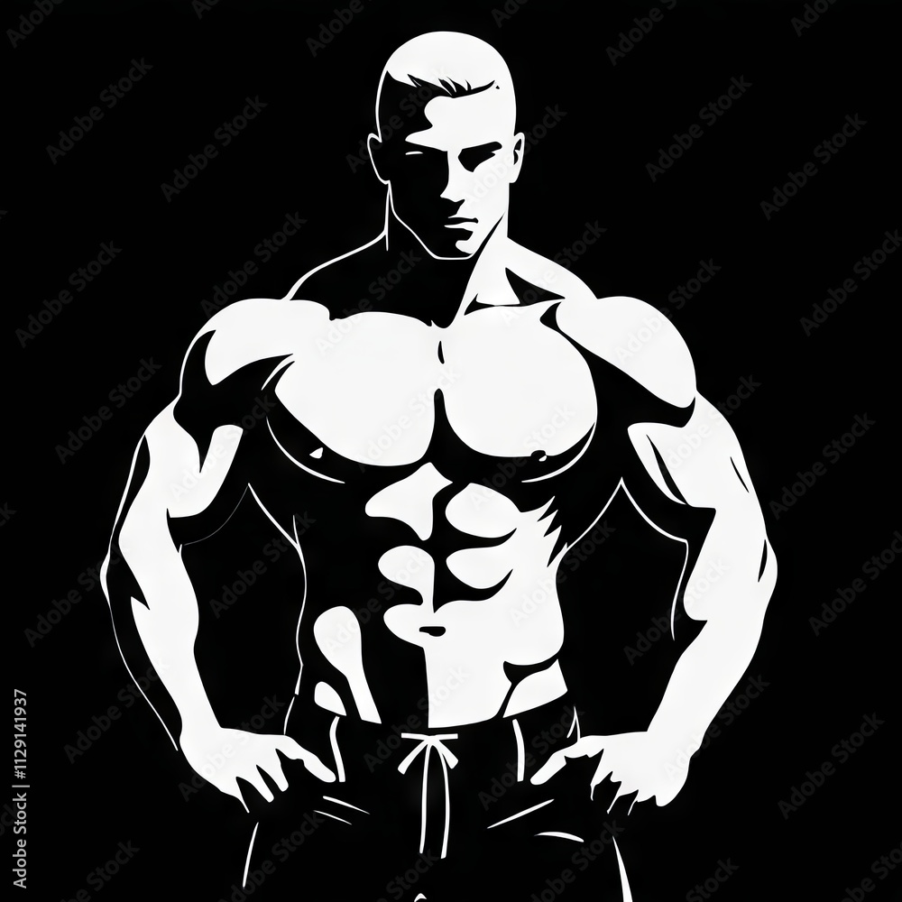 Strong muscular man standing confidently against a black background showcasing defined physique and impressive upper body strength Strong muscular man standing confidently against a black background showcasing defined physique and impressive upper body strength