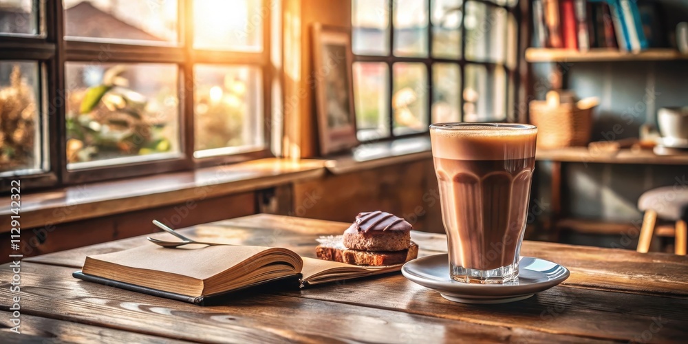 A latte, a book, and a chocolate pastry rest on a wooden table by a window, inviting moments of quiet contemplation and enjoyment.