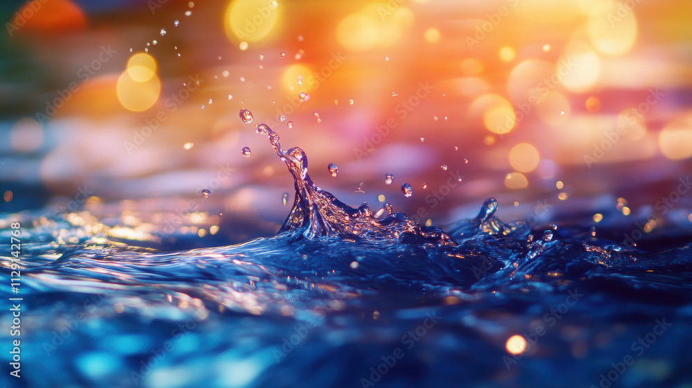 A splash of water creates dynamic ripples, illuminated by soft, colorful bokeh lights. A splash of water creates dynamic ripples, illuminated by soft, colorful bokeh lights.