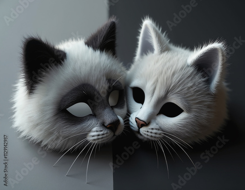 Two fluffy masks of cats on the monochrome background. Concept of quadrober subculture. AI generation photo