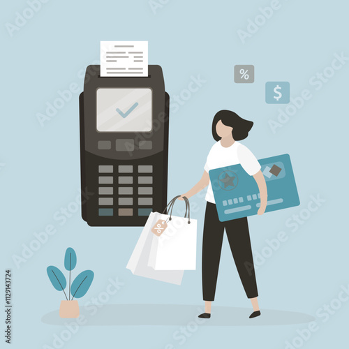 Contactless payment by bank credit card. Shopping process. Female customer uses plastic card and paying with cashless wireless transfer POS terminal,