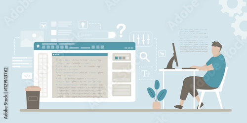 Software, backend development, work process with program code. Programmer developing application system, professional male engineer and coder character working at computer.