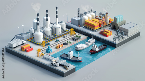 Industrial port scene with factories, cargo ships, and containers. vibrant layout showcases bustling environment with various vehicles and equipment, emphasizing industrial activity