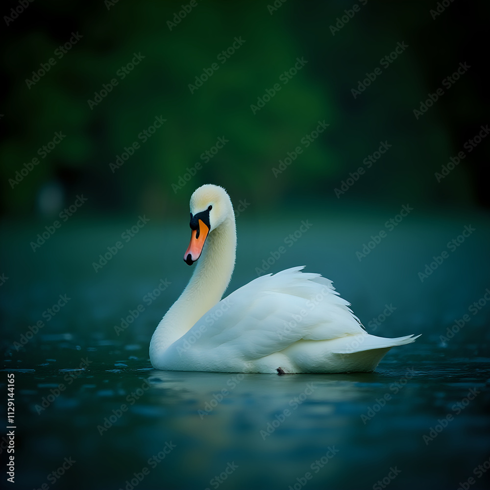 Fototapeta premium A white swan with a distinctive orange beak is gracefully floating on a serene body of water, with a blurred green background.