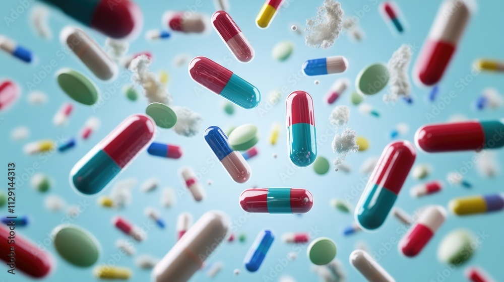 Multi-colored pills and capsules of drugs flying in all directions Multi-colored pills and capsules of drugs flying in all directions