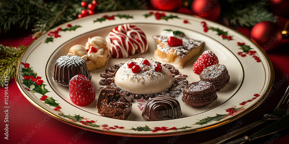 Colorful Christmas plate with sweet seasonal treats and desserts. Colorful Christmas plate with sweet seasonal treats and desserts.