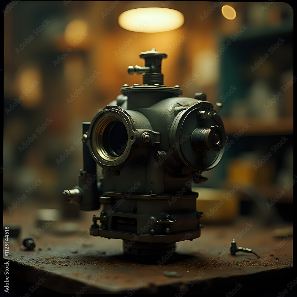 A close-up image of a complex, dark-colored mechanical device with multiple circular components, placed on a wooden surface with a blurred background. A close-up image of a complex, dark-colored mechanical device with multiple circular components, placed on a wooden surface with a blurred background.