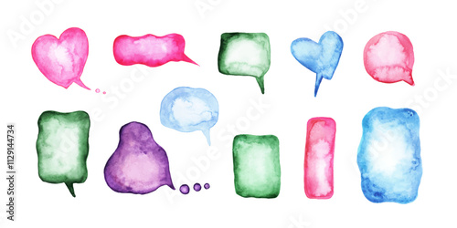 Set of colored stickers hand-drawn in watercolors. Vector isolated simple text bubbles for stickers and design in doodle style.