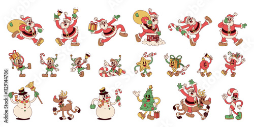 Vector Merry Christmas Retro Cartoon Characters Style Groovy Set Illustration Isolated