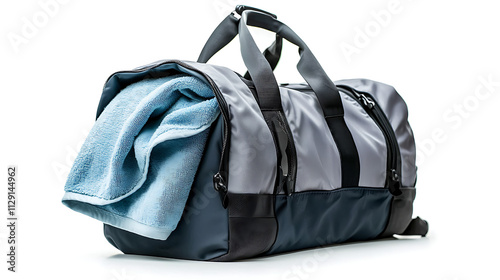 A grey and black duffle bag with a blue towel inside