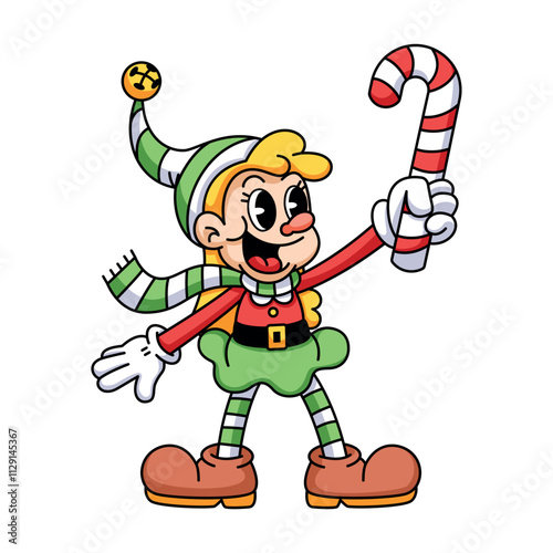 Vector Retro Cartoon Christmas Elf Girl Holding Candy Cane Character Groovy Illustration Isolated
