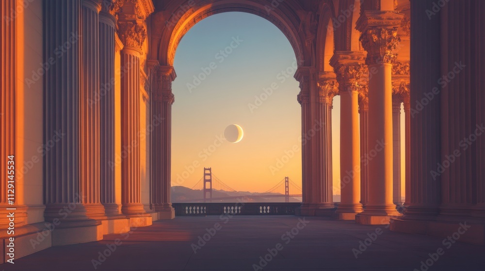 Fototapeta premium sunset view through architectural columns with a bridge in the background