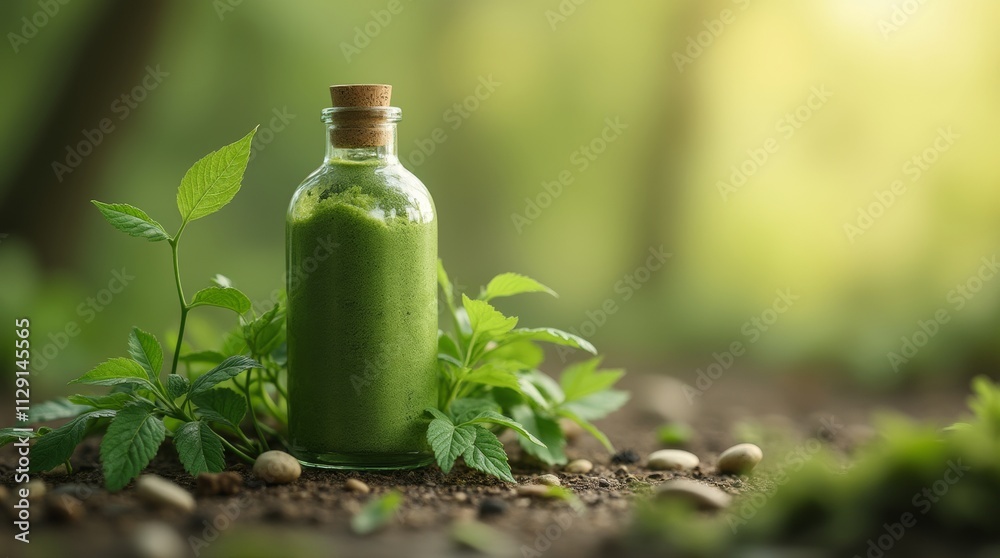 A biodegradable bottle made from biomass material, set in a natural environment, ultra-detailed, eco-friendly packaging design A biodegradable bottle made from biomass material, set in a natural environment, ultra-detailed, eco-friendly packaging design