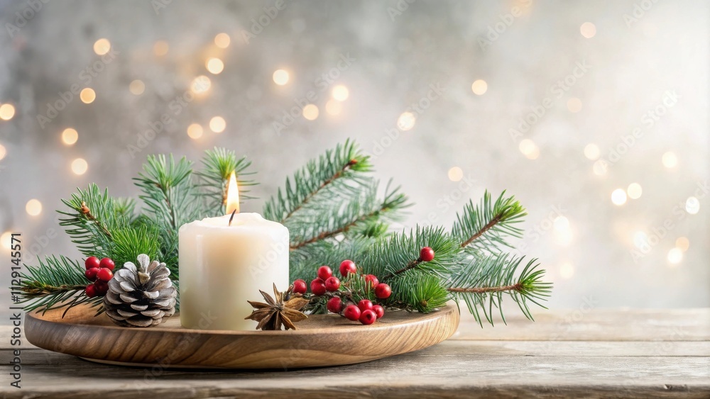 A glowing candle in a festive arrangement of pine branches, red berries, and a pine cone, set against a bokeh background of twinkling lights. A glowing candle in a festive arrangement of pine branches, red berries, and a pine cone, set against a bokeh background of twinkling lights.