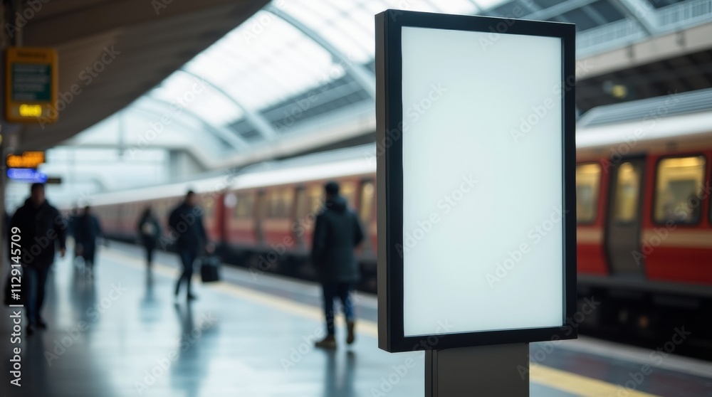 A blank advertising board stands at a bustling train station, with blurred figures of commuters and a train in the background. 