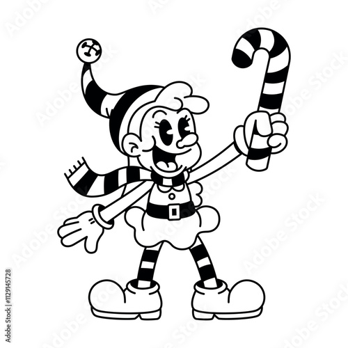 Vector Retro Cartoon Christmas Elf Girl Holding Candy Cane Character Groovy Illustration Isolated