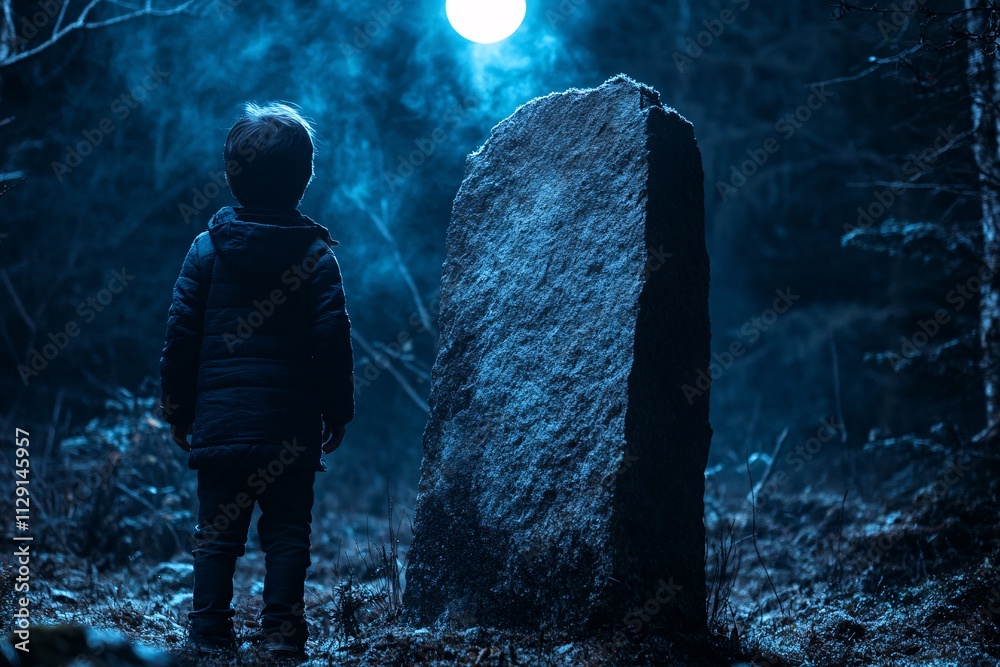 A young boy standing in front of an ancient stone, his back to the camera, cold mist surrounding him, dense dark forest, dim moonlight, close-up view 4 A young boy standing in front of an ancient stone, his back to the camera, cold mist surrounding him, dense dark forest, dim moonlight, close-up view 4