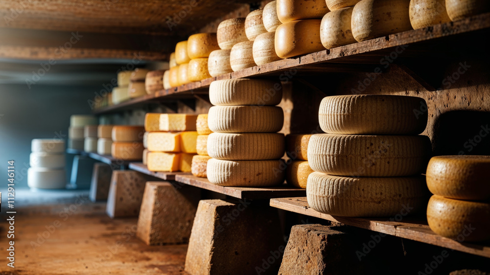 Cheese aging process in a rustic cellar with wooden shelves Cheese aging process in a rustic cellar with wooden shelves