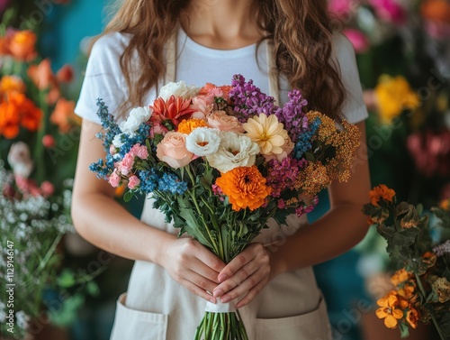 Professional floral designer holding fresh mixed flowers bouquet tied with ribbon, blurred florist shop in background. Flowers for Valentine's Day, birthday, wedding and other special occasions