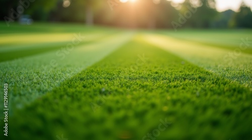 A close-up view of a mowed turf golf course, showcasing the perfectly manicured grass and neat stripes that define the fairways.  photo