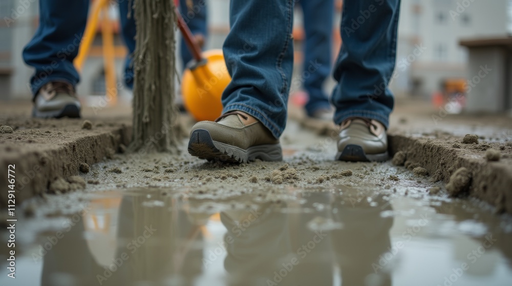 5) A close-up view of fresh concrete being poured at a construction site, showcasing the wet cement texture and the feet of construction workers in action. 5) A close-up view of fresh concrete being poured at a construction site, showcasing the wet cement texture and the feet of construction workers in action.