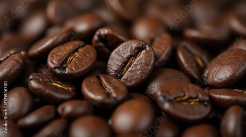 A close-up view of roasted coffee beans, showcasing their rich texture and deep brown color, ideal for coffee lovers and enthusiasts. 