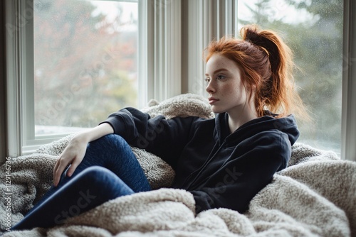 Free Download A woman with red hair tied in a ponytail is lounging on a soft blanket in front of a window She wears blue leggings and a black hoodie, with natural light filling the room 3 - GFXLoad