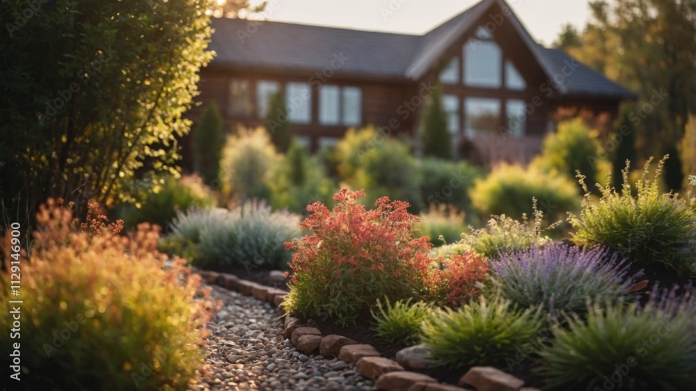 Obraz premium Beautiful garden with colorful plants near a cozy house at sunset