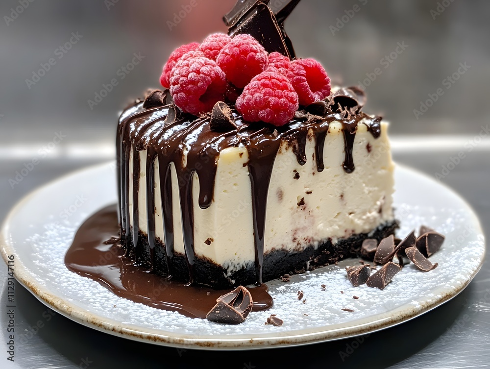 cheesecake with chocolate drizzle and raspberry cheesecake with chocolate drizzle and raspberry