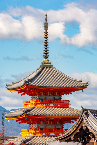 Pagoda of Kiyomizu-dera buddhist temple in autumn, Kyoto, Japan