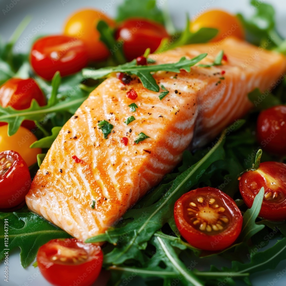 fresh salmon fillet with cherry tomatoes and arugula salad