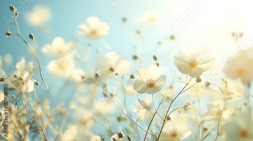 Delicate White Flowers Bloom In Sunny Field