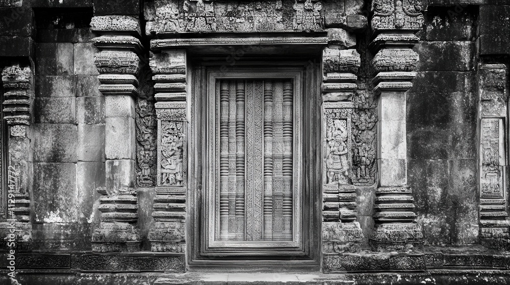 A black and white image of a historic temple door, its age visible in the worn carvings and faded wood. A black and white image of a historic temple door, its age visible in the worn carvings and faded wood.