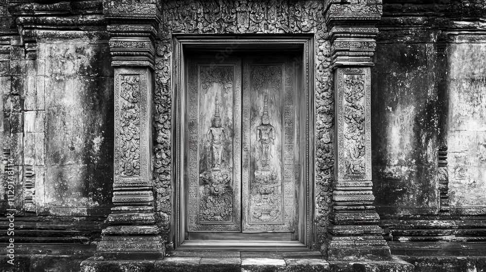 A black and white photo of an old temple door, with its weathered wood and intricate carvings adding depth and richness to the image, A black and white photo of an old temple door, with its weathered wood and intricate carvings adding depth and richness to the image,