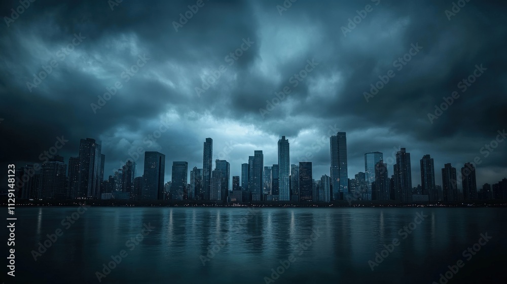 dark skyline with dramatic clouds over water dark skyline with dramatic clouds over water