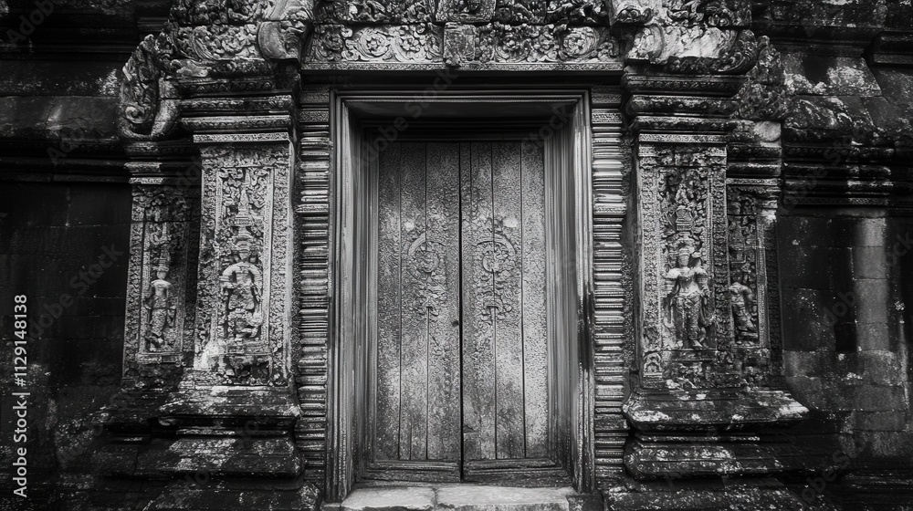 A black and white photograph of an old temple door, with its intricate carvings still visible despite years of weathering. A black and white photograph of an old temple door, with its intricate carvings still visible despite years of weathering.