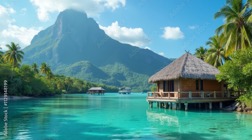 Naklejka premium A serene tropical scene featuring a wooden hut on turquoise water, surrounded by palm trees and a majestic mountain backdrop under a clear blue sky.