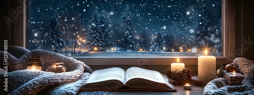 A cozy winter scene with snow falling outside the window, candles glowing inside, and an open book on top of soft blankets.