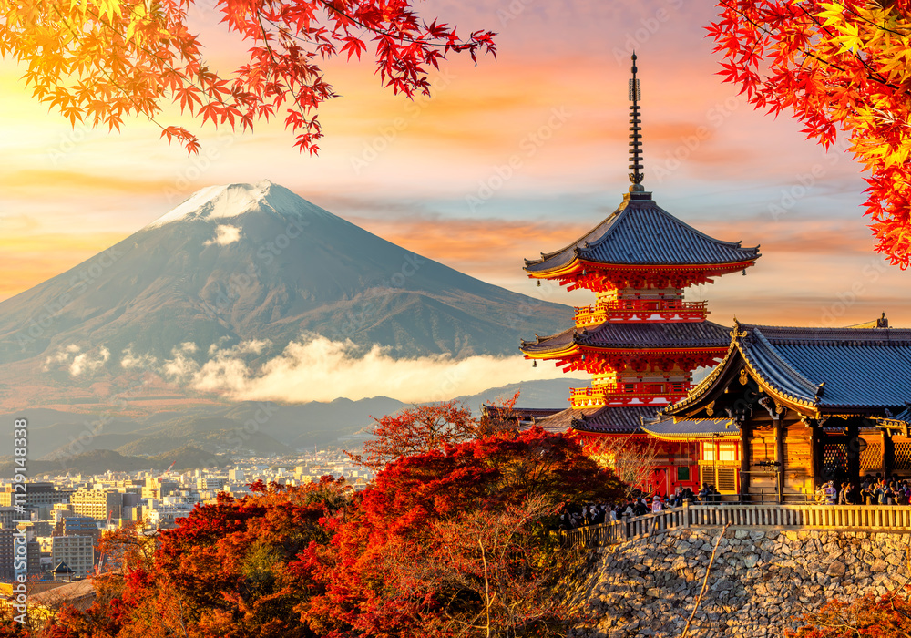 Fototapeta premium Kiyomizu-dera temple in Kyoto and mount Fuji at autumn sunset, Japan