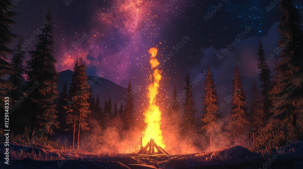 Obraz premium A blazing bonfire crackles in a campsite, flames reaching up to the stars, with a warm glow spreading across the quiet, dark forest