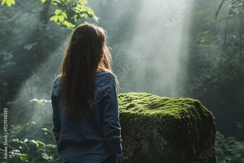 A teenage girl standing motionless before a moss-covered stone, back turned, thick forest shadows, faint ethereal glow in the mist, medium close-up 3 photo