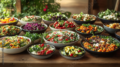 Assorted vegetarian salads in bowls on a rustic table