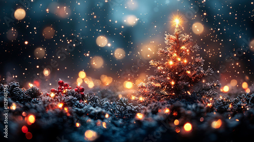 Christmas background with fir tree and sparkle toys, New Year. AI generative