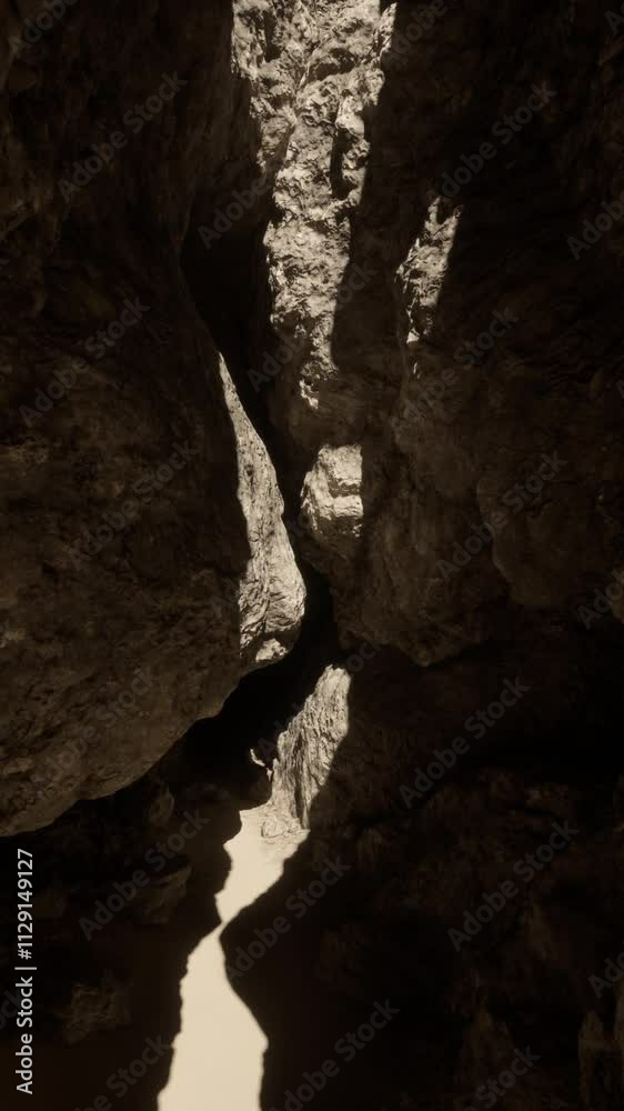 A narrow passage between two towering rocks in a mysterious cave A narrow passage between two towering rocks in a mysterious cave